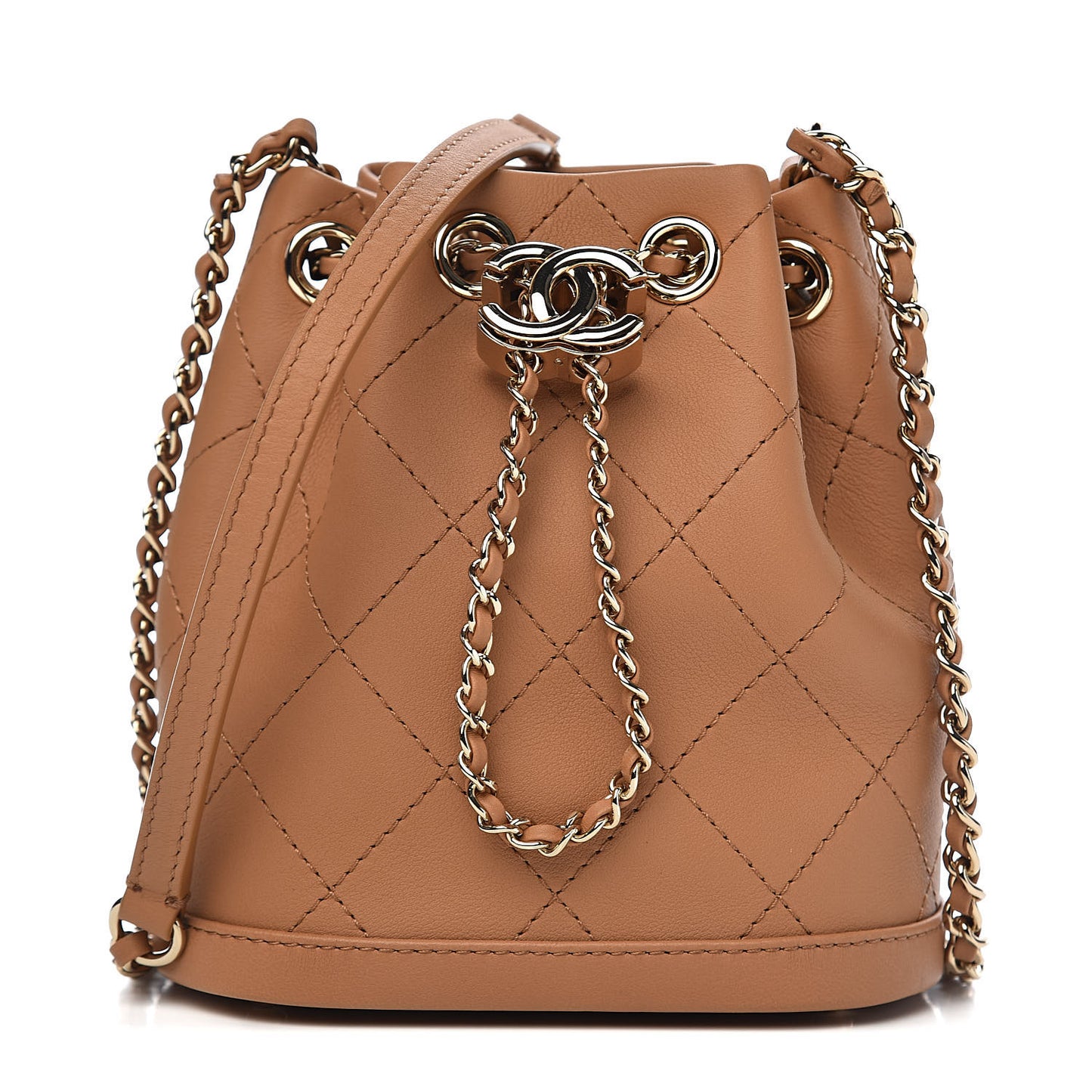 Calfskin Stitched Chain Bucket Bag Beige