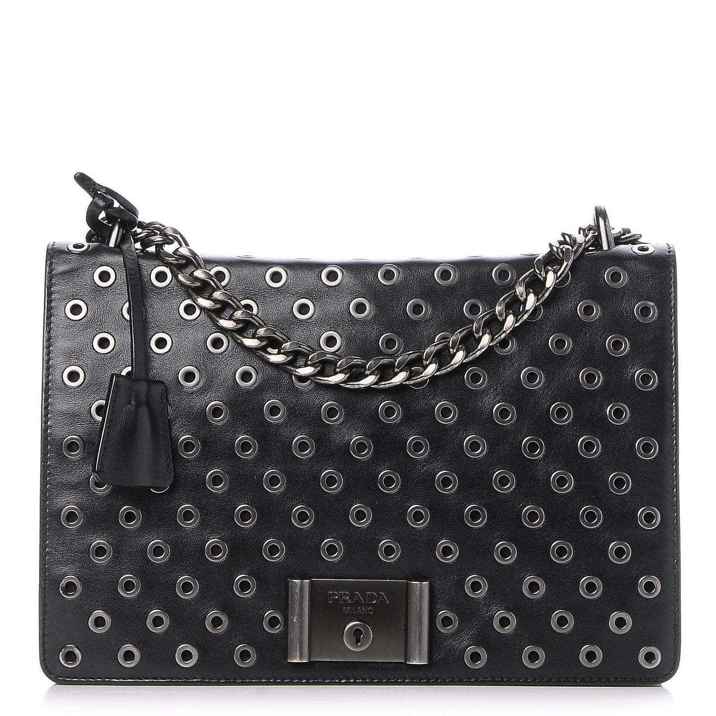 Soft Calf Grommet Lock Flap Chain Shoulder Bag Black
