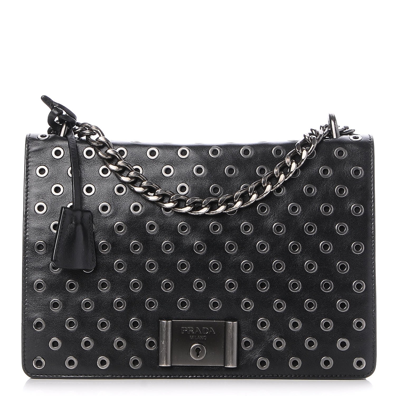 Prada Soft Calf Grommet Lock Flap Chain Shoulder Bag Black 1 of 8