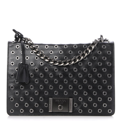 Prada Soft Calf Grommet Lock Flap Chain Shoulder Bag Black 1 of 8