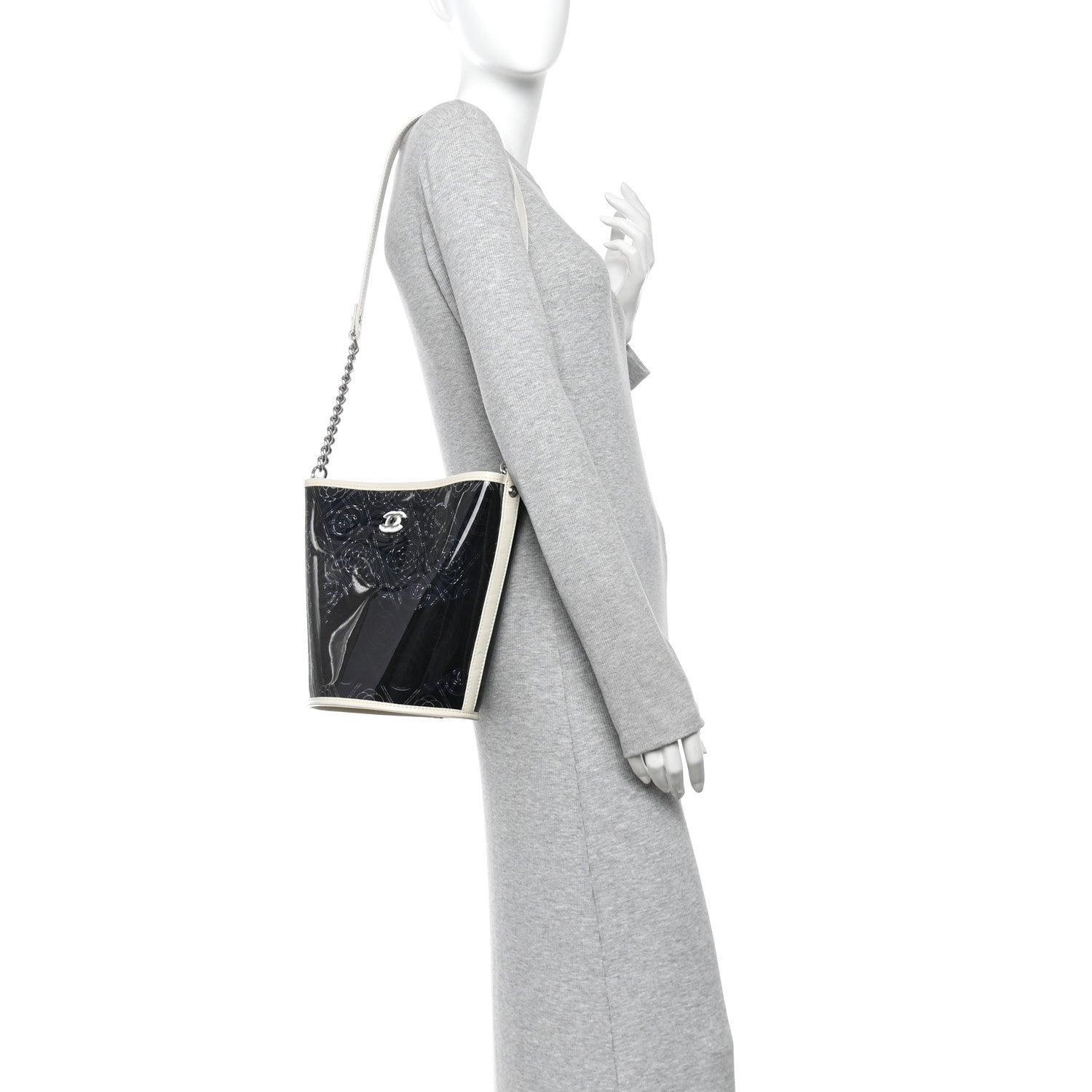 Chanel Crumpled Calfskin PVC Camellia Coco Bucket Bag Black White 2 of 10