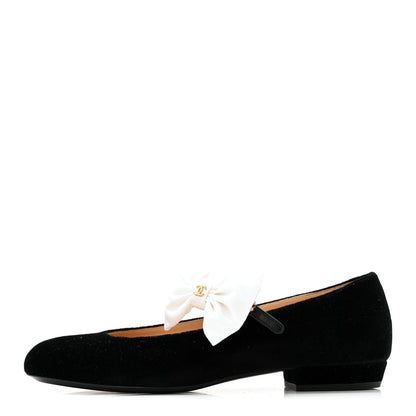 Chanel Velvet Grosgrain Bow Mary Jane Flats 38 Black White 1 of 11