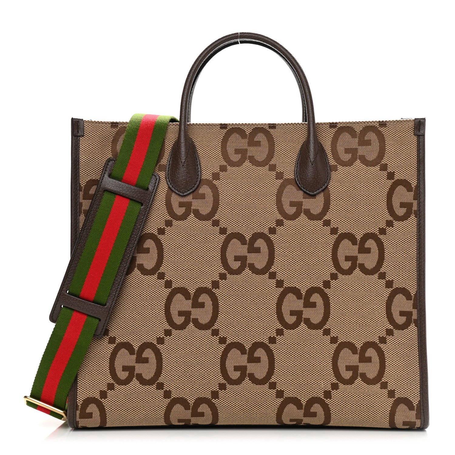 Gucci Monogram Jumbo GG Textured Dollar Calfskin Web Tote Bag Camel Ebony New Acero 1 of 10
