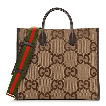 Gucci Monogram Jumbo GG Textured Dollar Calfskin Web Tote Bag Camel Ebony New Acero 1 of 10