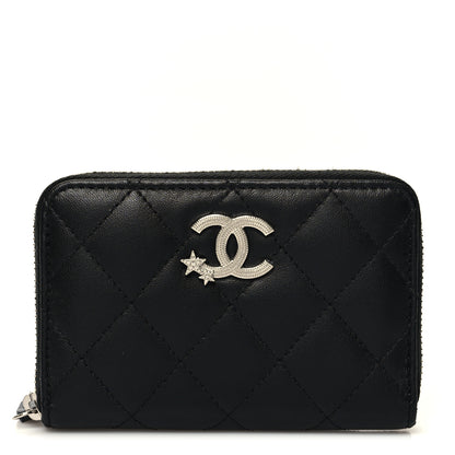 Chanel Lambskin Crystal Star Quilted Studded CC Zip Around Card Holder Wallet Black 1 of 9