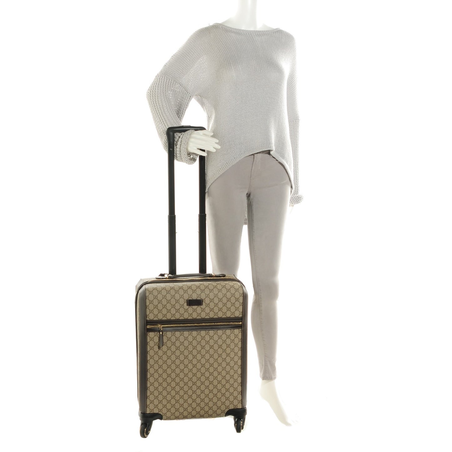 GG Supreme Monogram Selleria Calfskin Four Wheel Carry On Suitcase Beige Ebony Cocoa