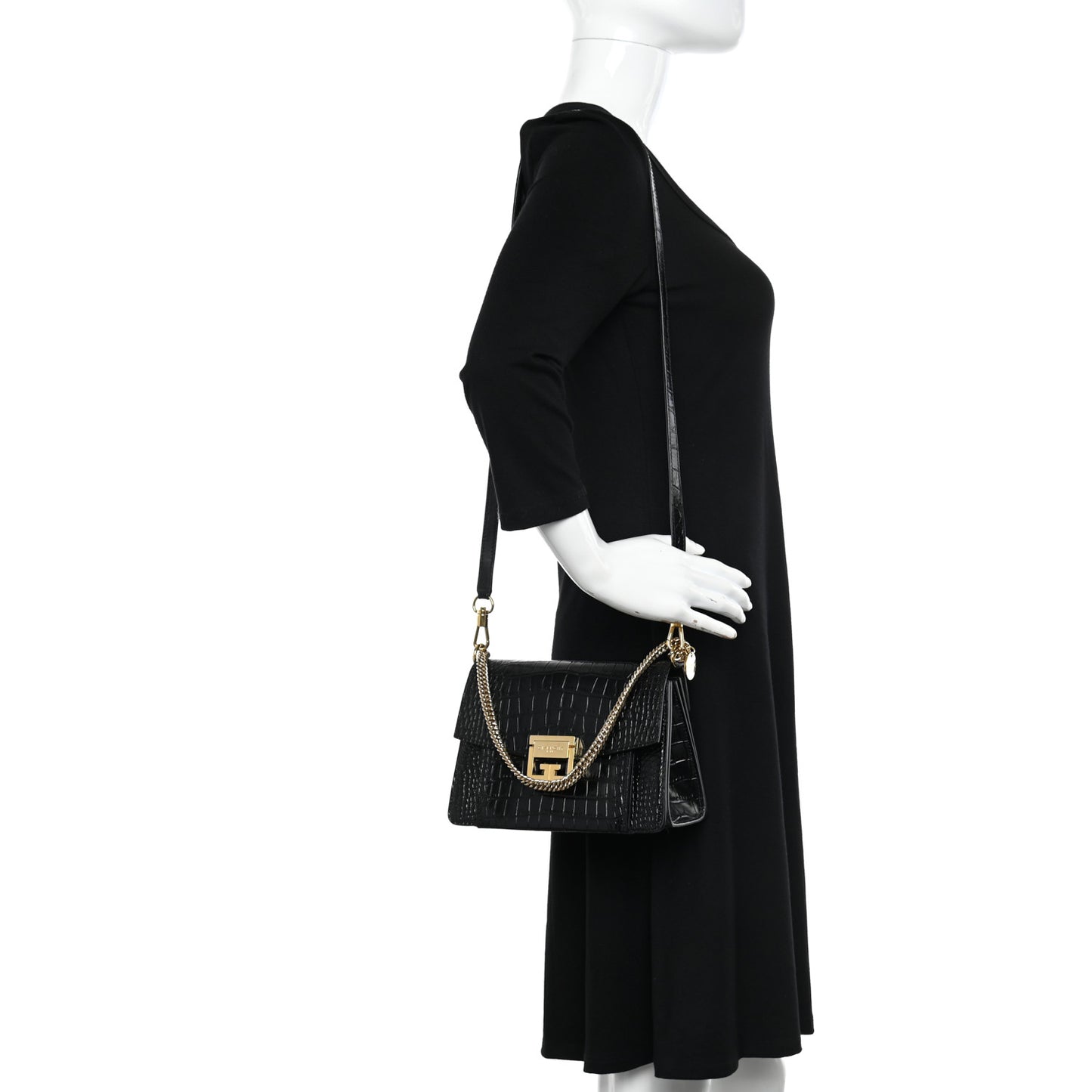 Calfskin Crocodile Embossed Suede Small GV3 Shoulder Bag Black