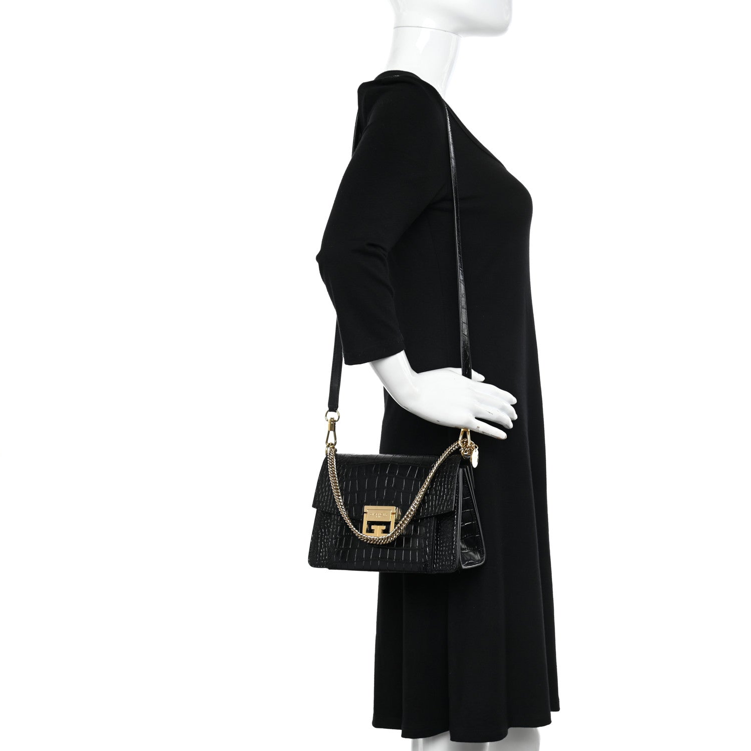Givenchy Calfskin Crocodile Embossed Suede Small GV3 Shoulder Bag Black 2 of 9
