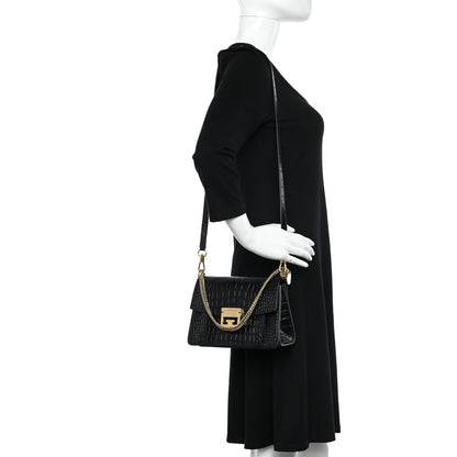 Givenchy Calfskin Crocodile Embossed Suede Small GV3 Shoulder Bag Black 2 of 9