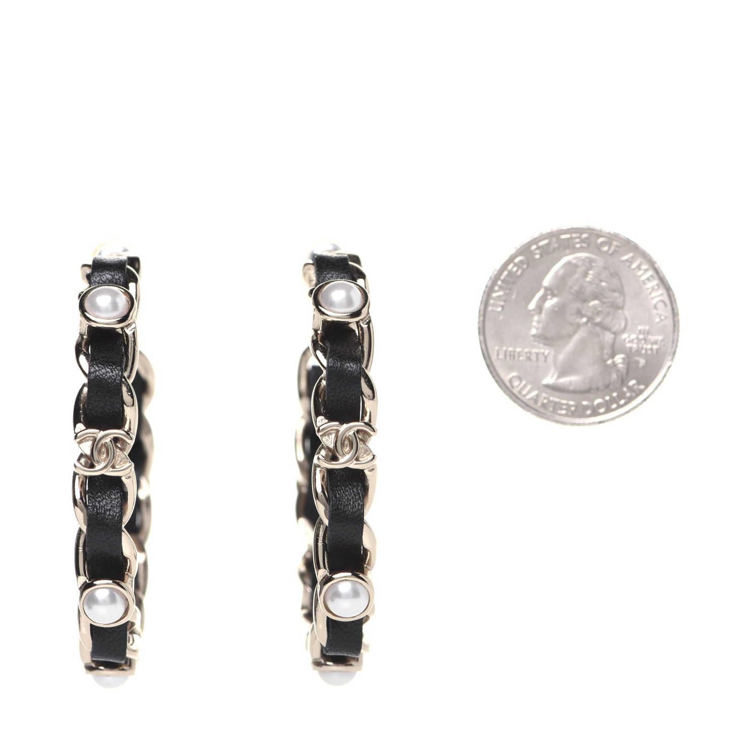 Lambskin Pearl More Is More CC Chain Hoop Earrings Gold Black