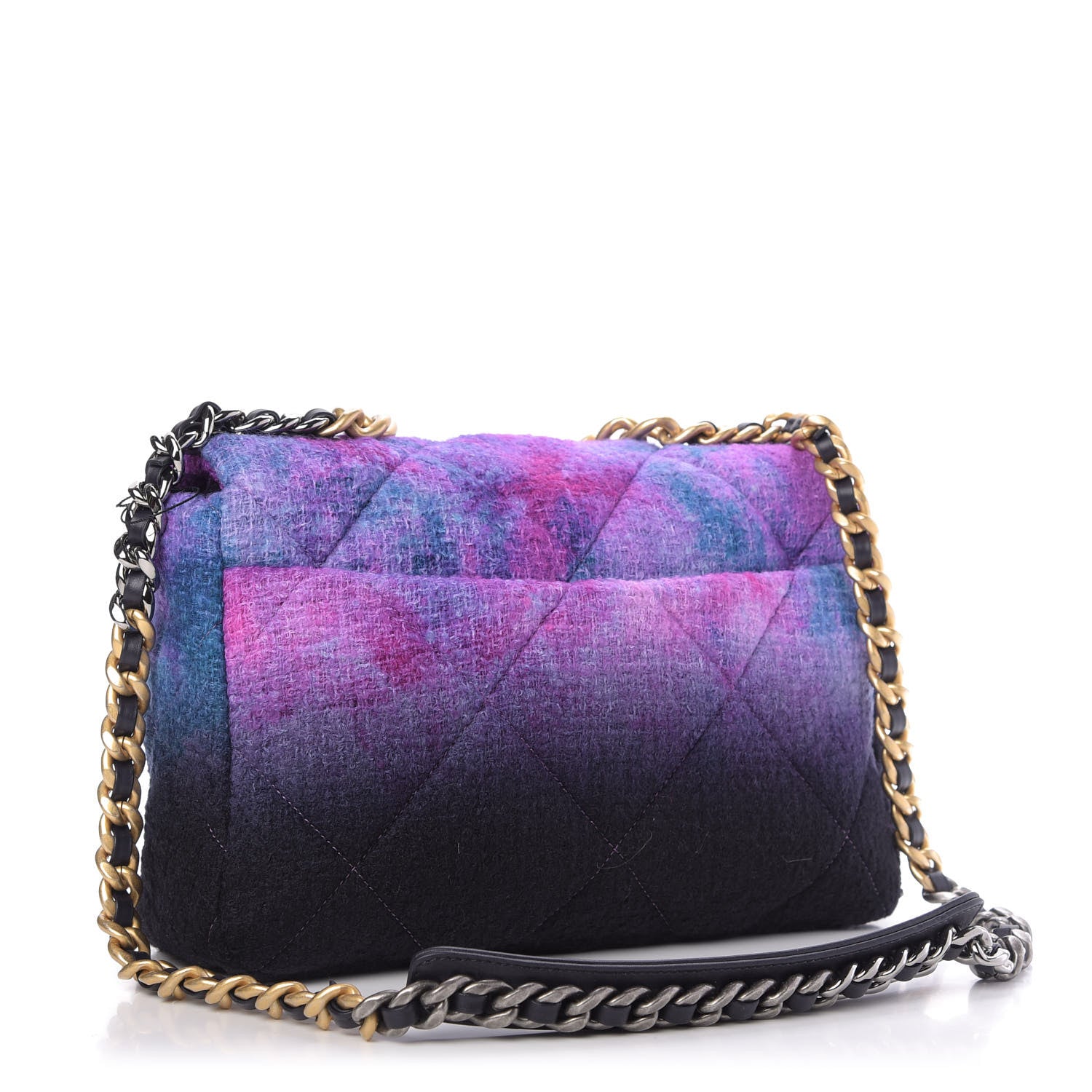 Chanel Wool Tweed Quilted Large 19 Flap Purple Black Blue 3 of 10