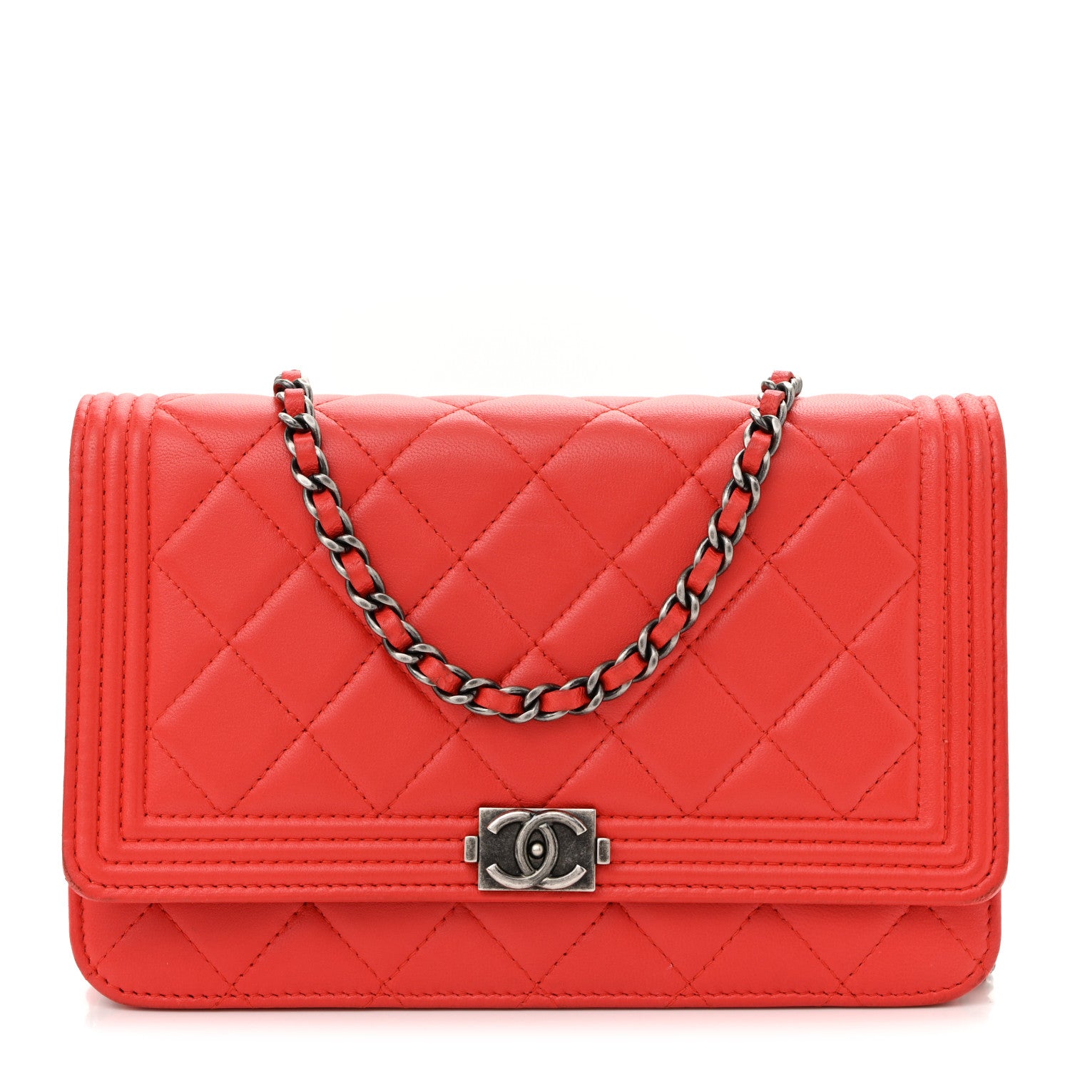 Chanel Lambskin Quilted Boy Wallet On Chain WOC Red 1 of 12