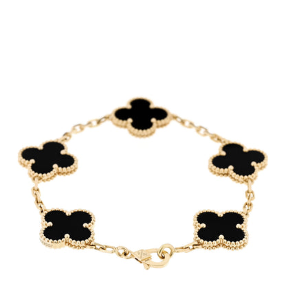Van Cleef & Arpels 18K Yellow Gold Black Onyx 5 Motifs Vintage Alhambra Bracelet 2 of 5