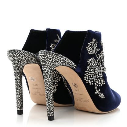 Jimmy Choo Velvet Crystal Peony Embellished Caroline High Heel Mules 37.5 Dark Blue 4 of 7