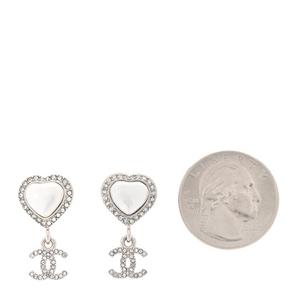 Chanel Pearl Crystal CC Heart Drop Earrings Silver 2 of 4