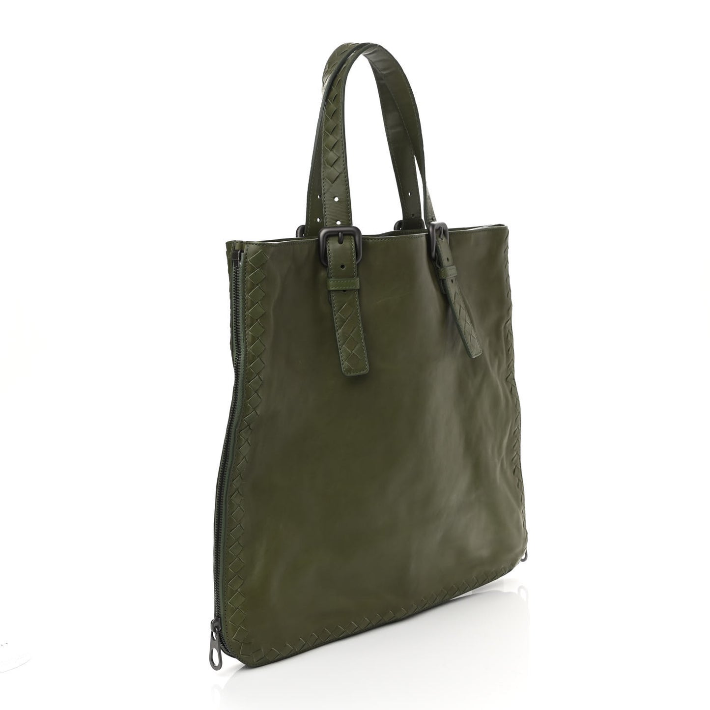 Light Calfskin Intrecciato Side Zip Medium Tote Green