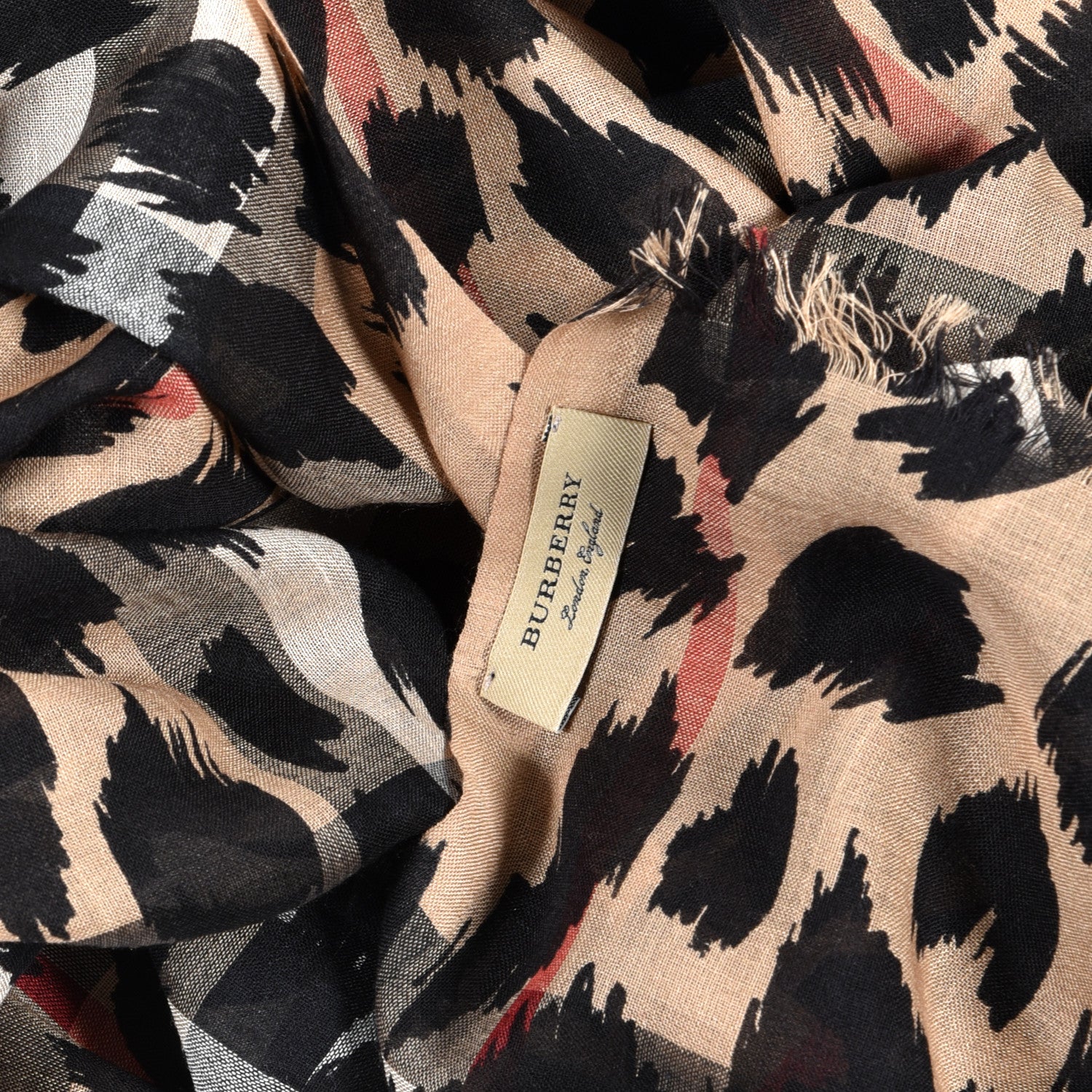 Burberry Wool Silk Animal Check Lightweight Scarf Camel 4 of 4