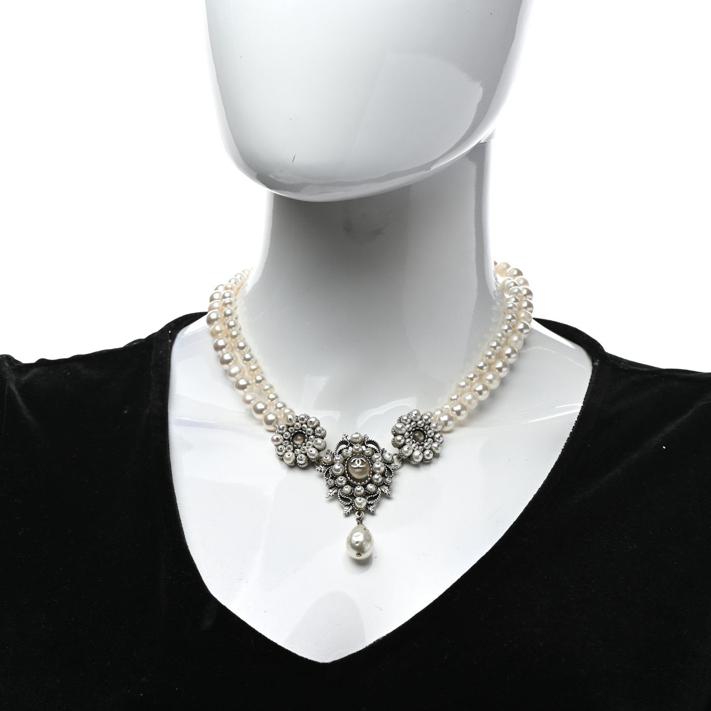 Crystal Pearl CC Leaf Necklace Silver