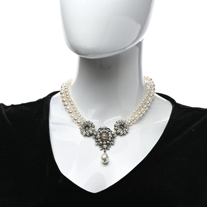 Chanel Crystal Pearl CC Leaf Necklace Silver 2 of 6