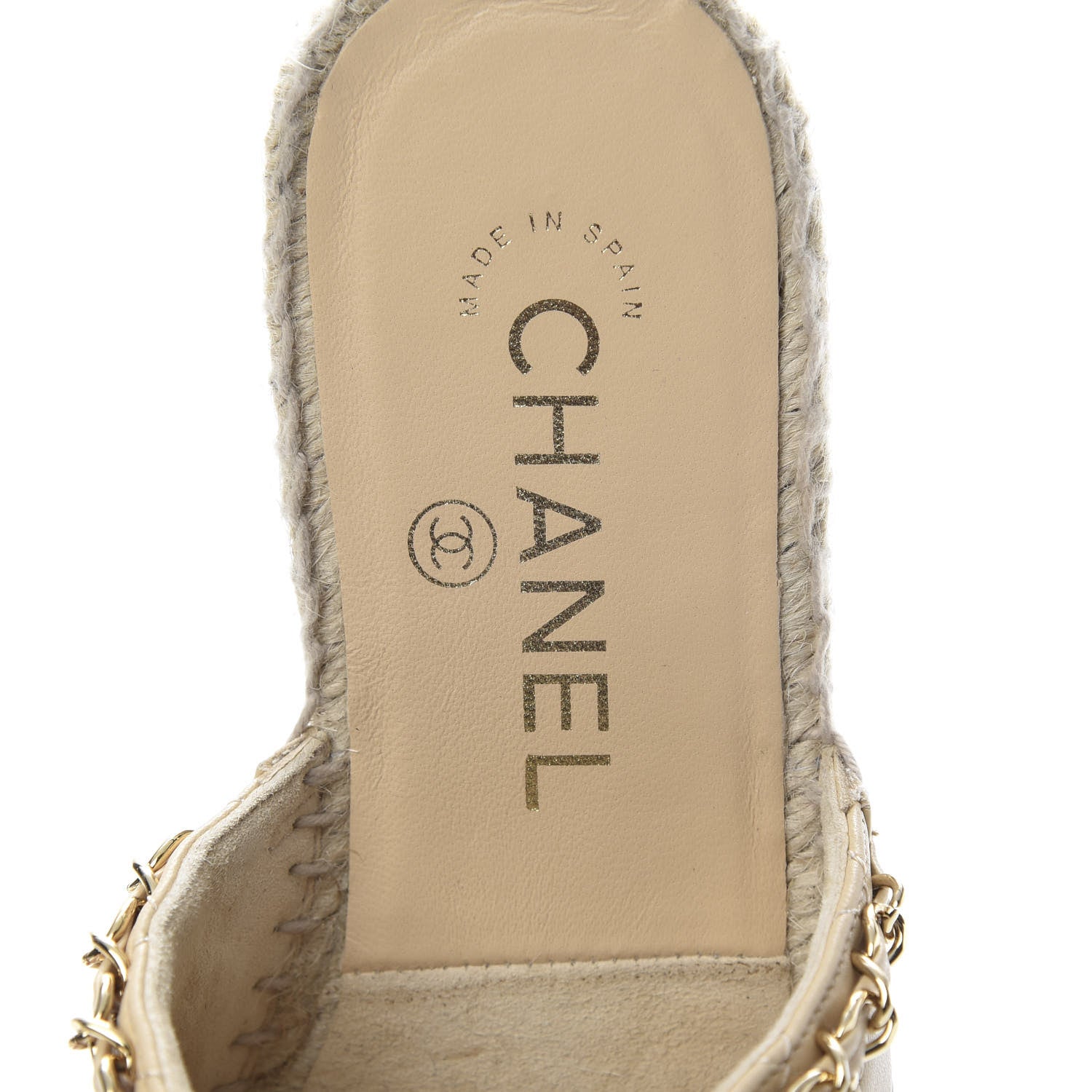Chanel Lambskin Grosgrain Quilted CC Chain Espadrille Mules 35 Beige Black 9 of 12