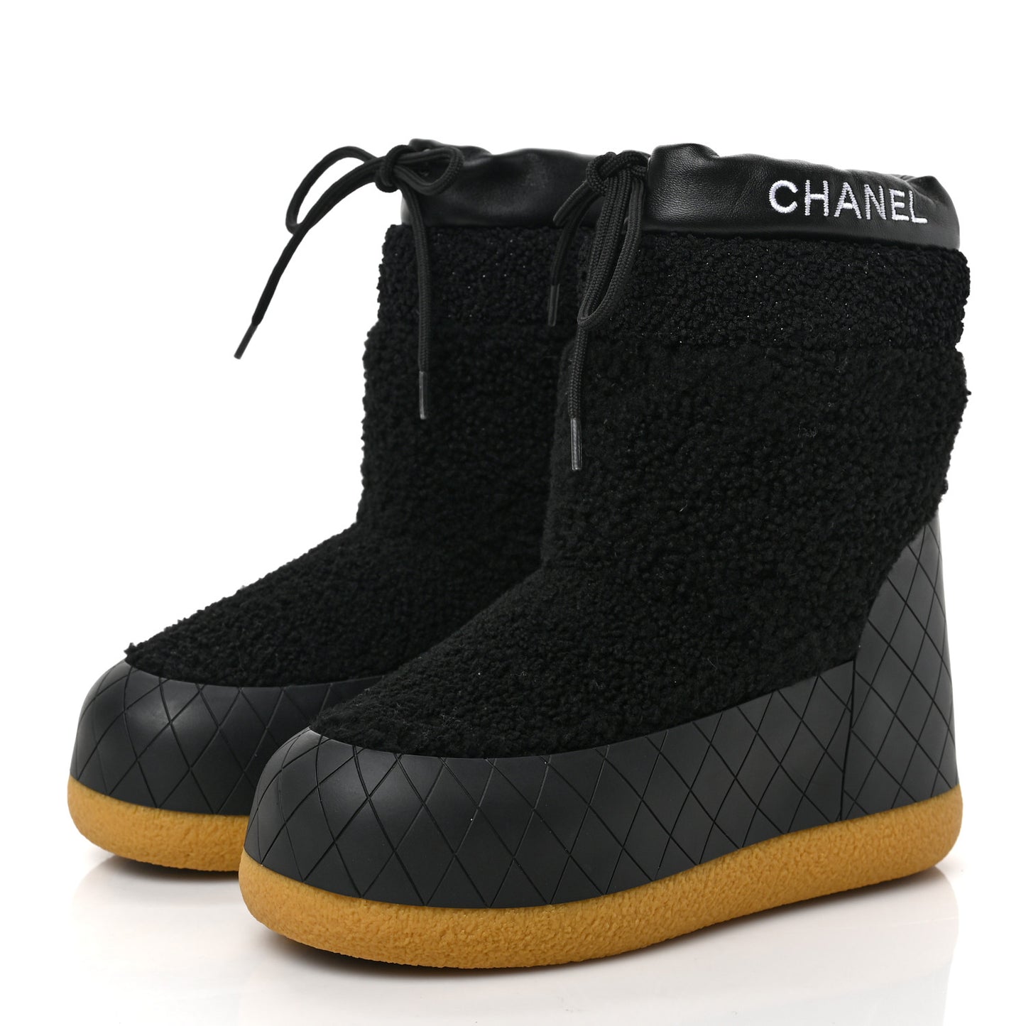 Tweed Shearling Sheepskin Drawstring Snow Ankle Boots 35 Black