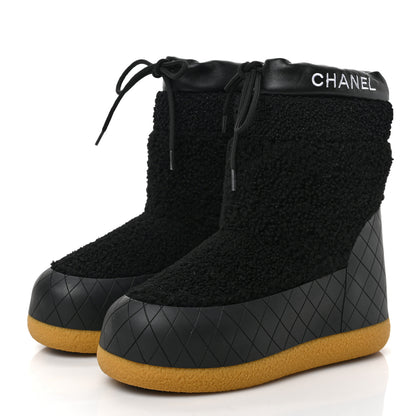 Chanel Tweed Shearling Sheepskin Drawstring Snow Ankle Boots 35 Black 3 of 9