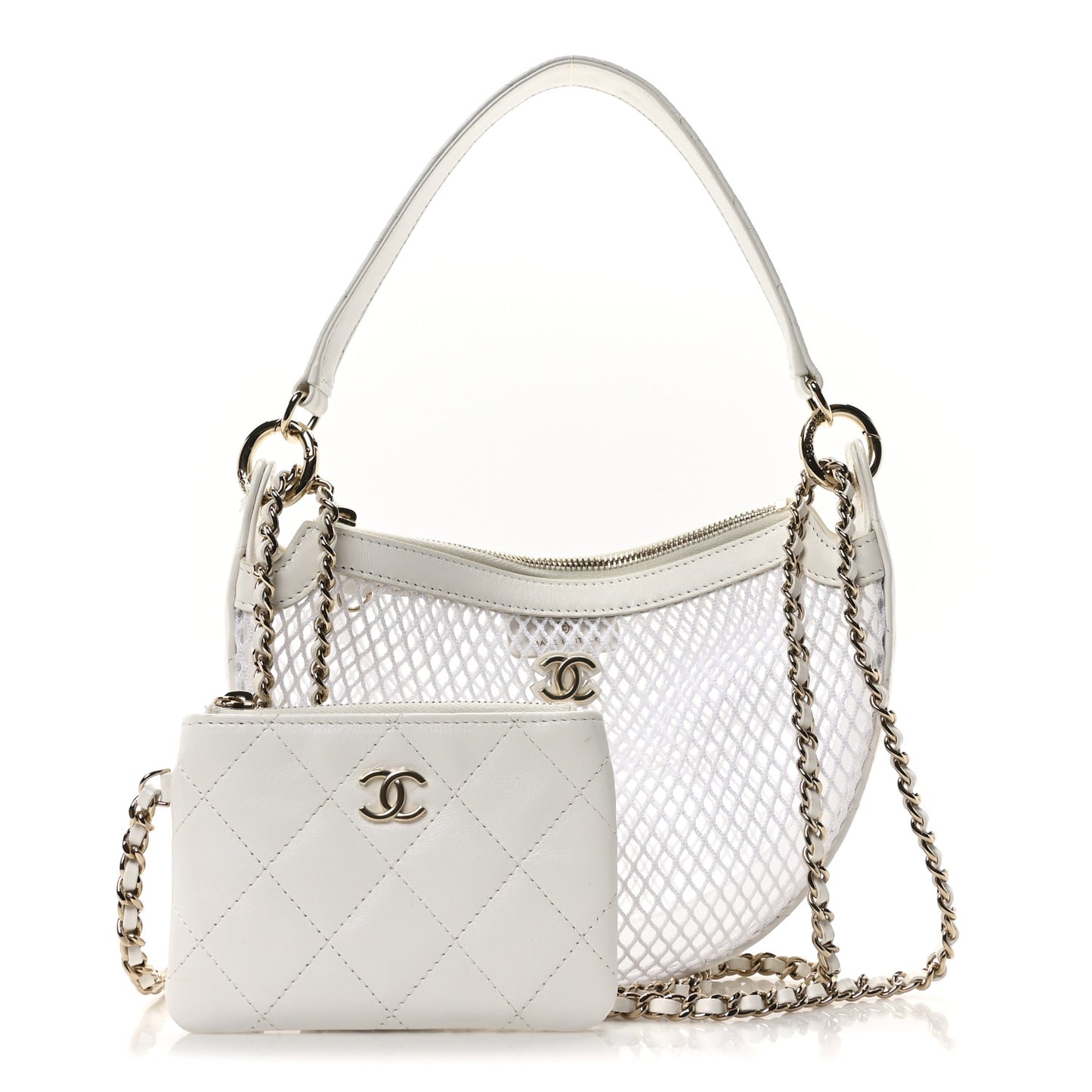 Mesh Shiny Lambskin Chain Hobo White