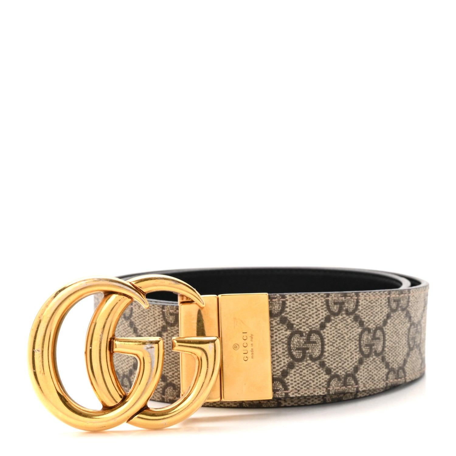 Gucci GG Supreme Monogram Plutone Calfskin Double G Reversible 37mm Belt 80 32 Beige Ebony New Acero 1 of 5