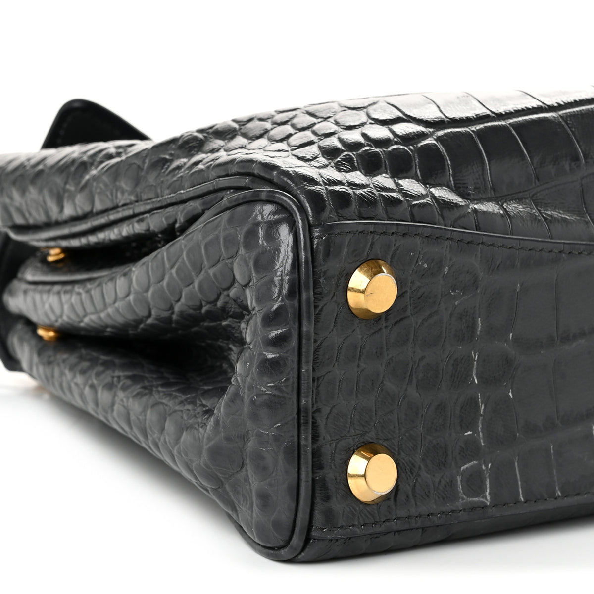 Shiny Calfskin Crocodile Embossed Small Rodeo Top Handle Handbag Volcanic Rock