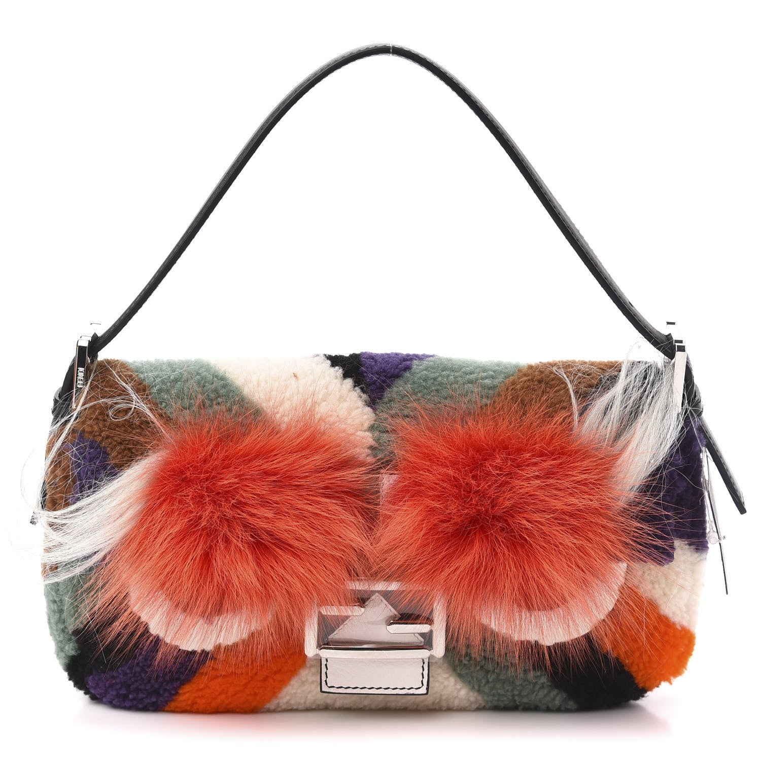 Fendi Shearling Calfskin Goat Fox Fur Bugs Baguette Orange Multicolor 3 of 12