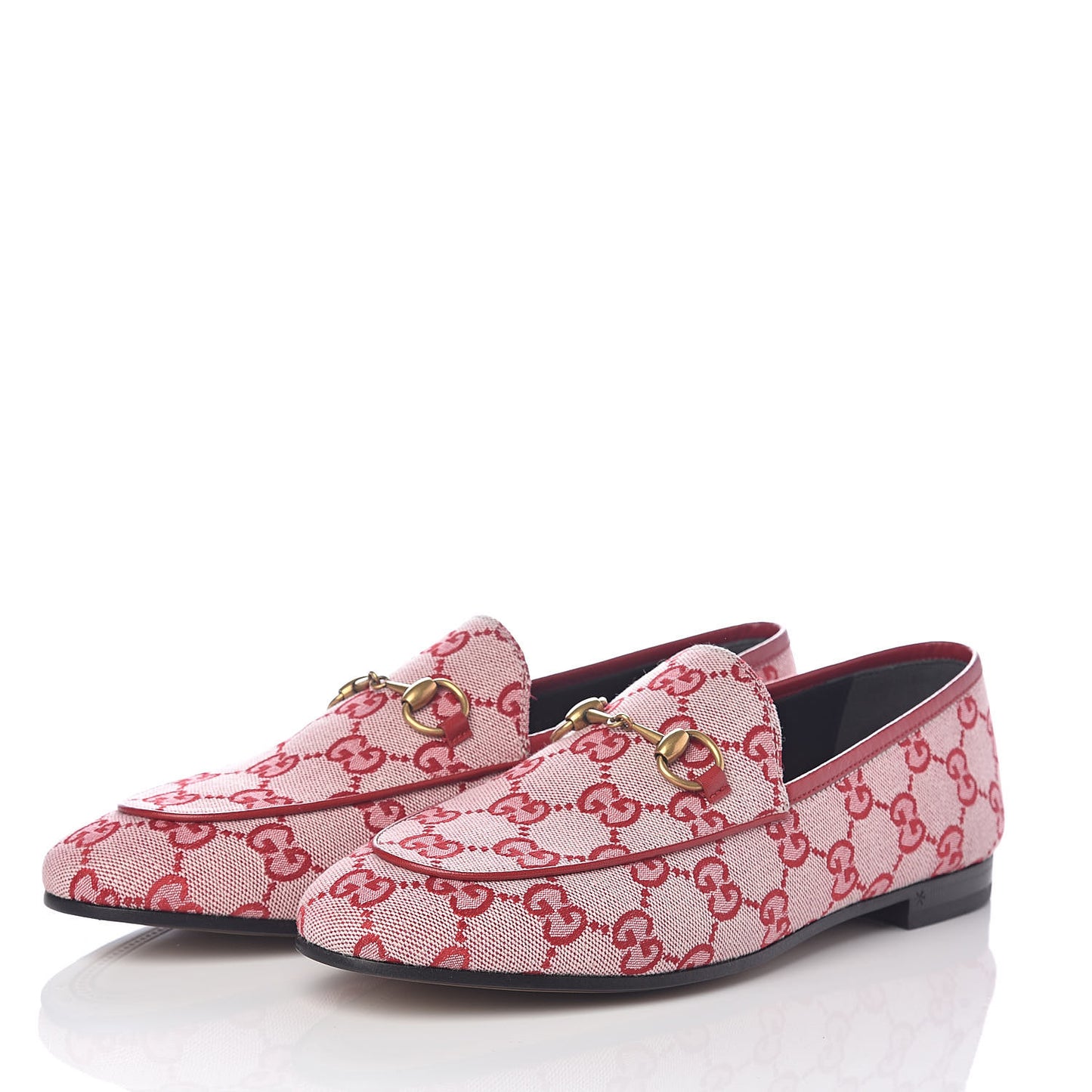 Canvas GG Monogram Horsebit Womens Jordaan Loafers 37.5 Gardenia Hibiscus Red