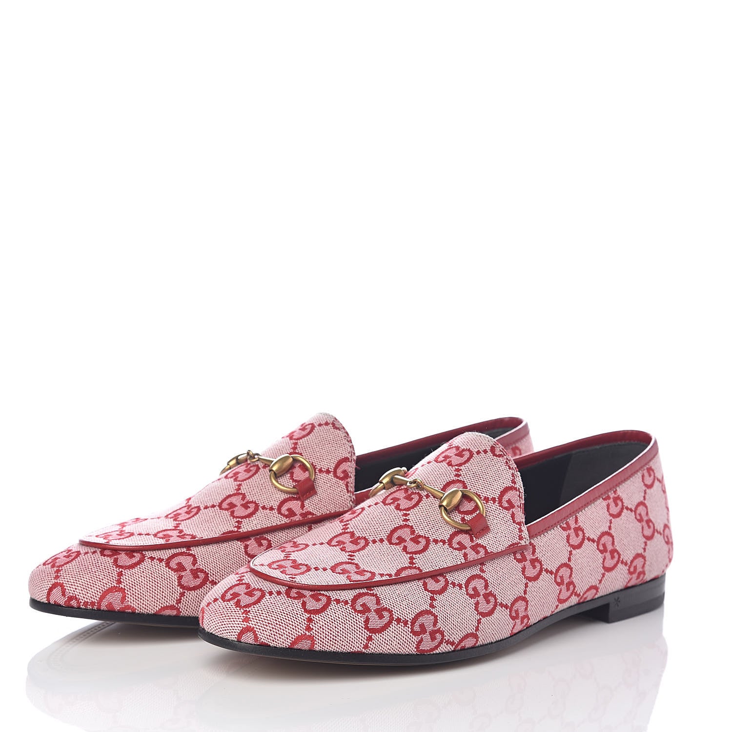 Gucci Canvas GG Monogram Horsebit Womens Jordaan Loafers 37.5 Gardenia Hibiscus Red 3 of 7