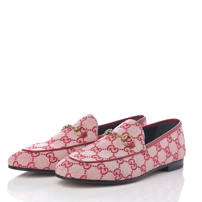 Gucci Canvas GG Monogram Horsebit Womens Jordaan Loafers 37.5 Gardenia Hibiscus Red 3 of 7