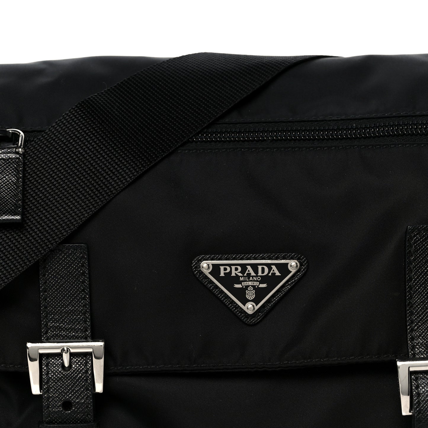 Re-Nylon Vela Saffiano Pocket Double Buckle Messenger Shoulder Bag Black