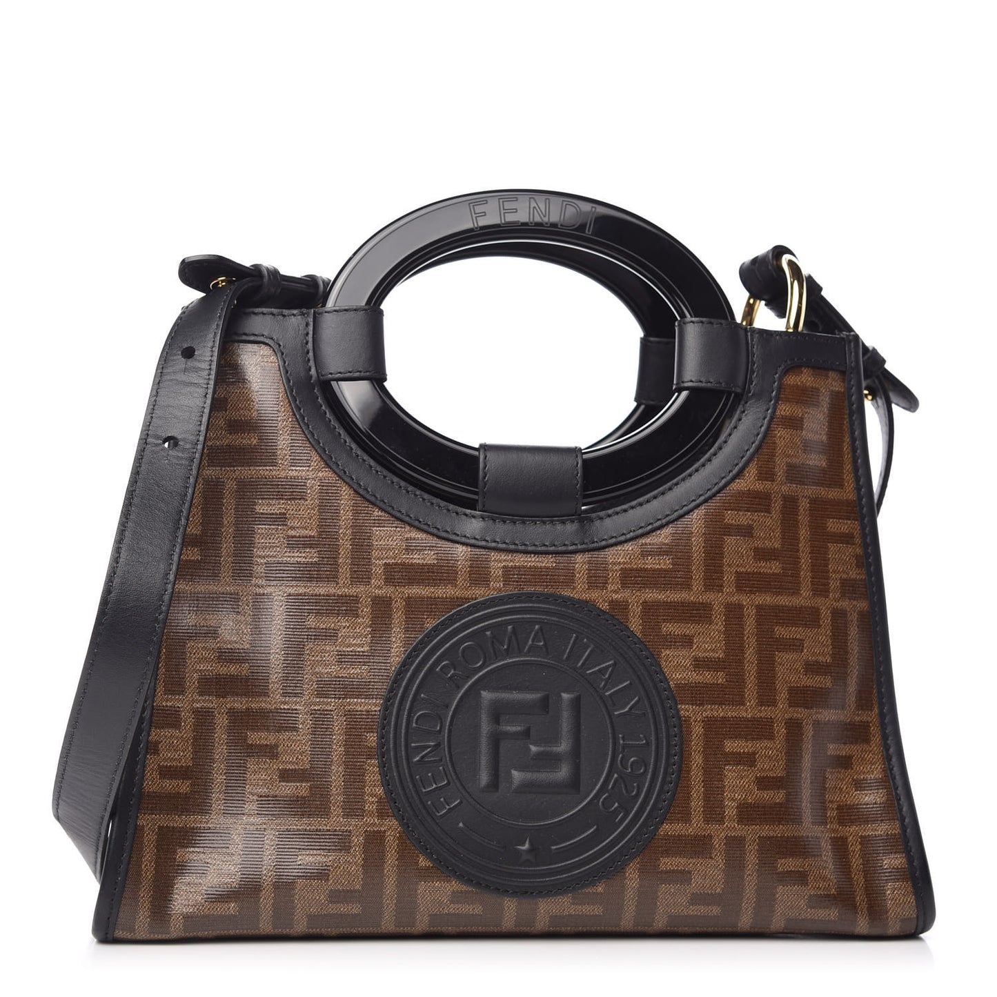 Glazed Fabric Vitello Century Plexiglass FF 1974 Stamp Patch Small Runaway Shopper Tote Mogano Panna Black