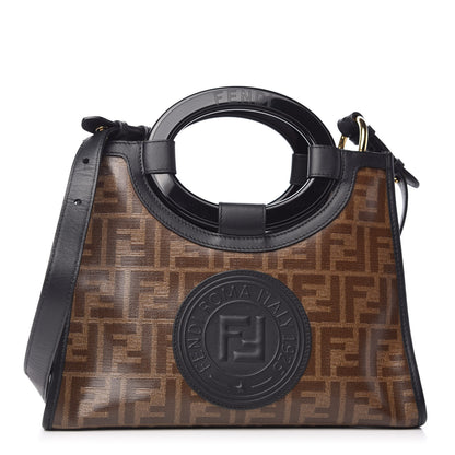 Fendi Glazed Fabric Vitello Century Plexiglass FF 1974 Stamp Patch Small Runaway Shopper Tote Mogano Panna Black 1 of 9