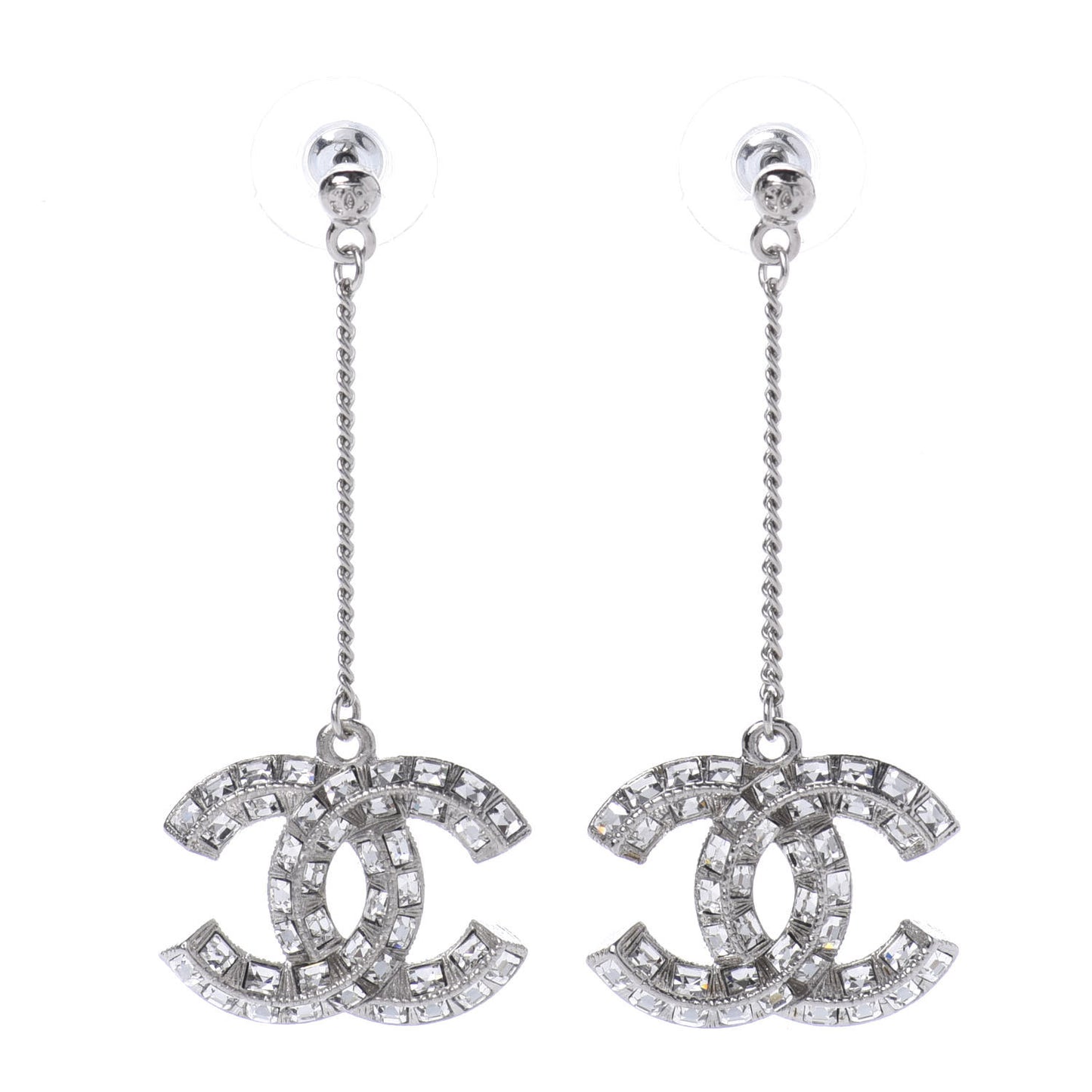 Baguette Crystal CC Drop Earrings Silver