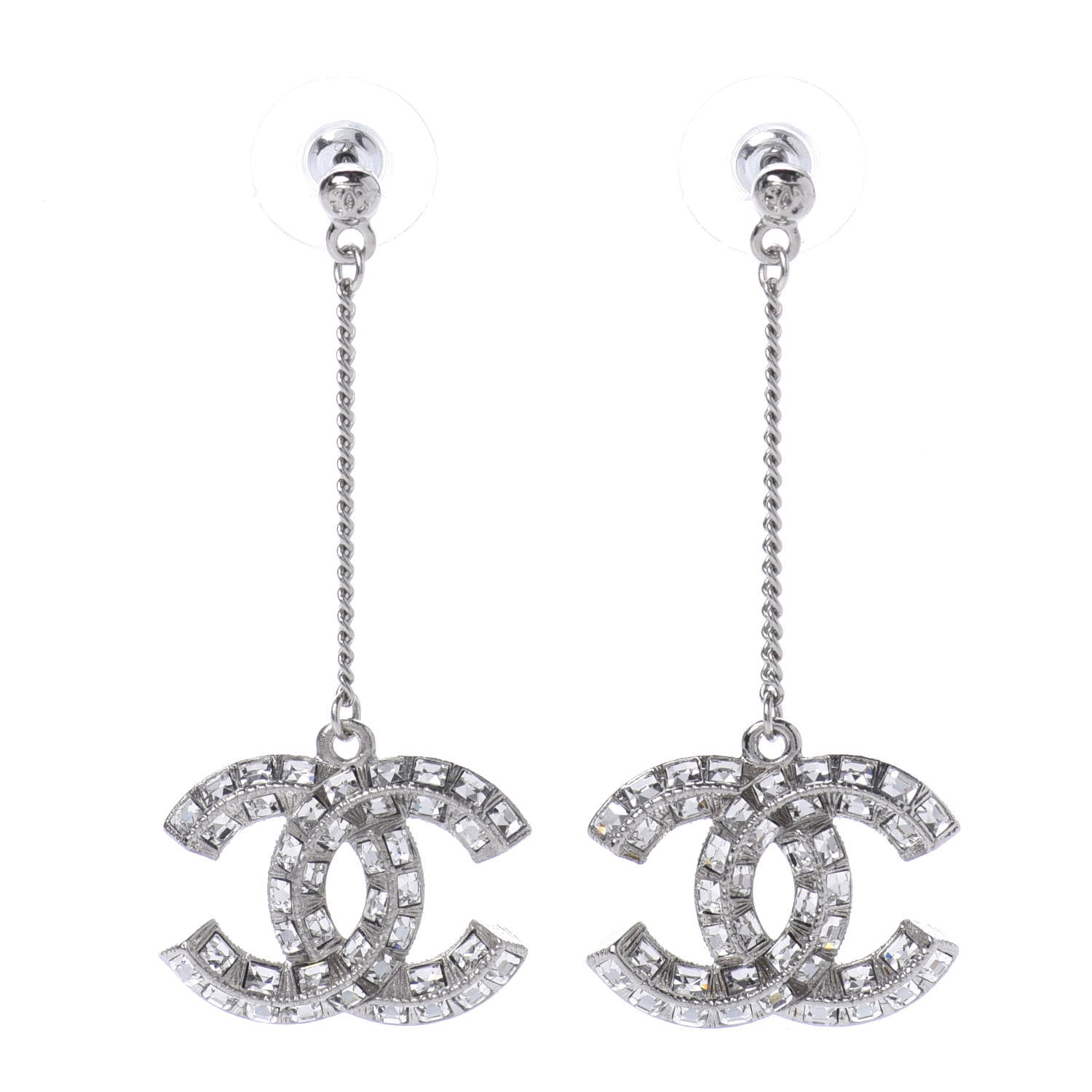 Chanel Baguette Crystal CC Drop Earrings Silver 1 of 5