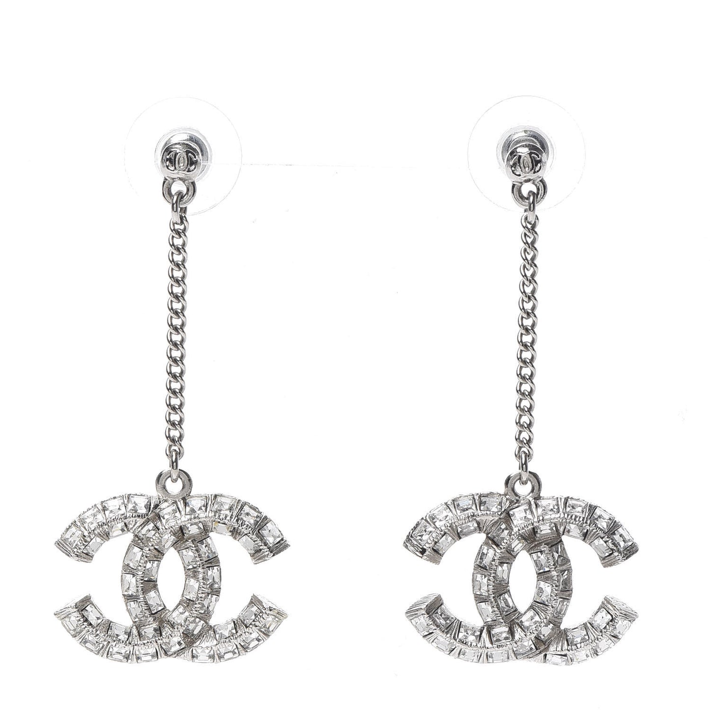 Baguette Crystal CC Drop Earrings Silver