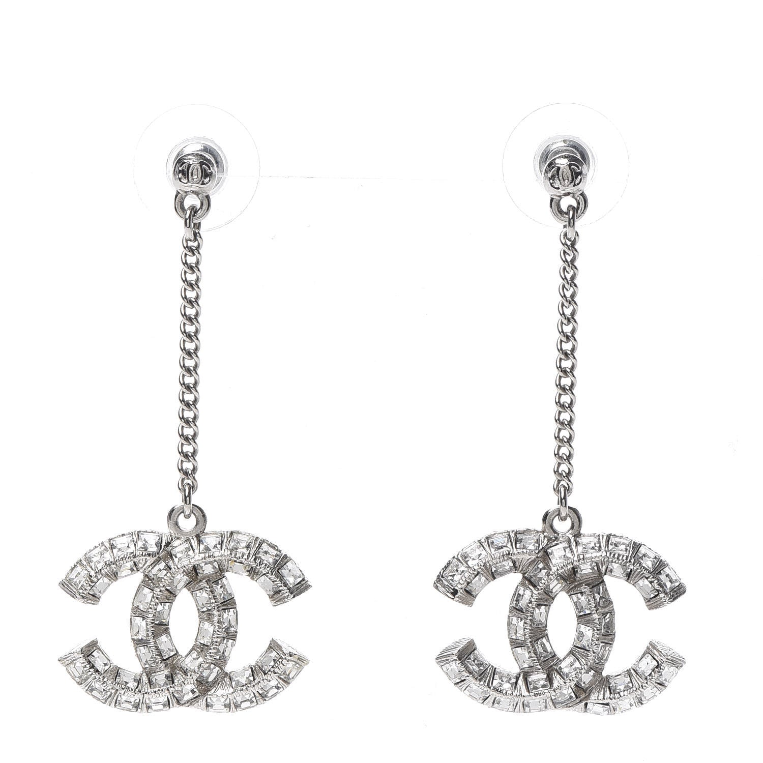Chanel Baguette Crystal CC Drop Earrings Silver 1 of 4