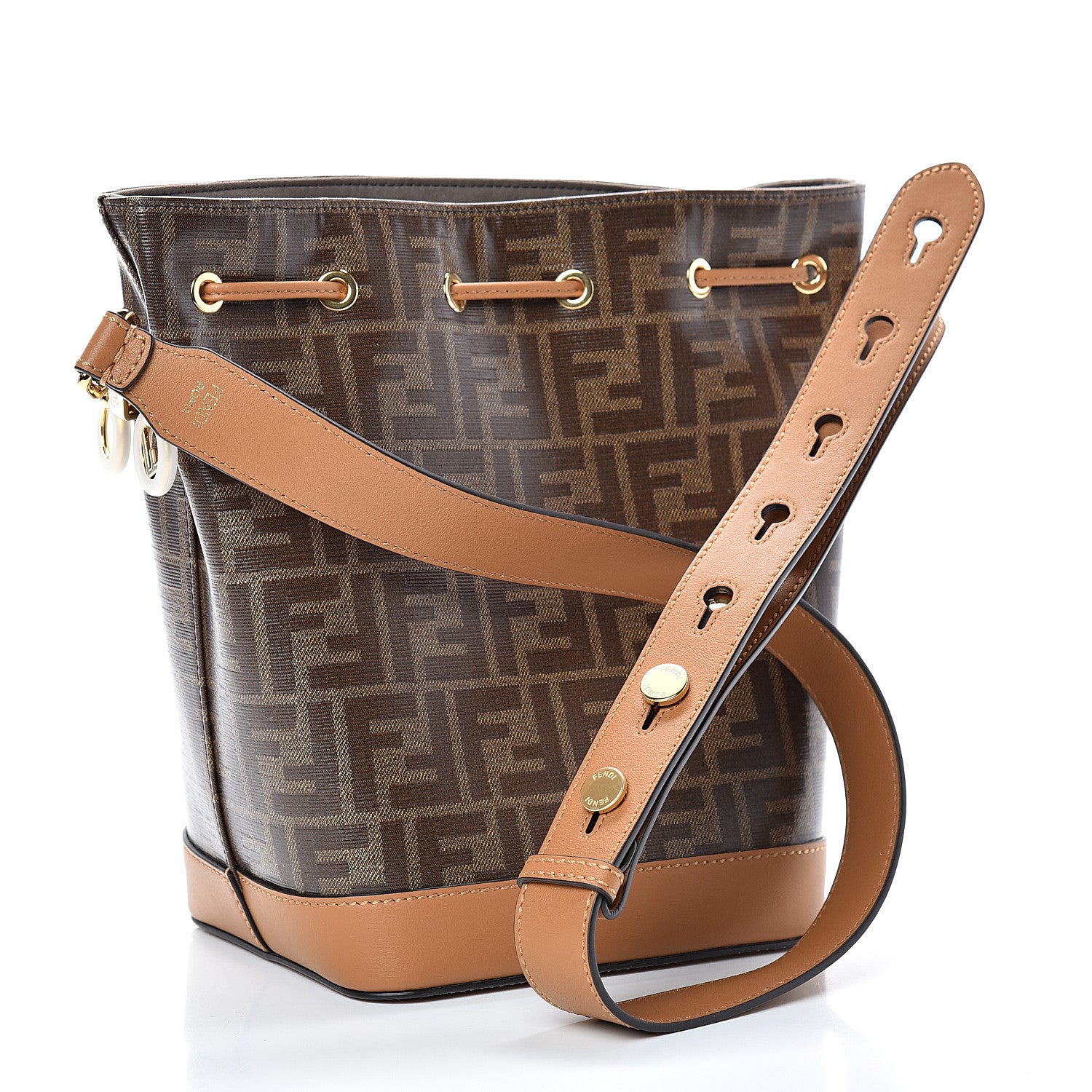 Fendi Glazed Fabric Vitello Grace F is Fendi FF 1974 Stamp Patch Grande Mon Tresor Bucket Bag Mogano Panna Nocciola 2 of 9
