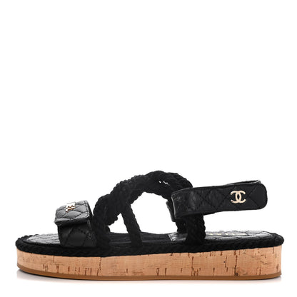 Chanel Cord Lambskin Quilted Logo Sandals 36 Black 1 of 16