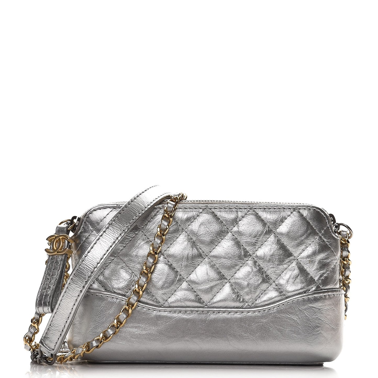 Metallic Lambskin Calfskin Quilted Small Gabrielle Clutch With Chain Silver