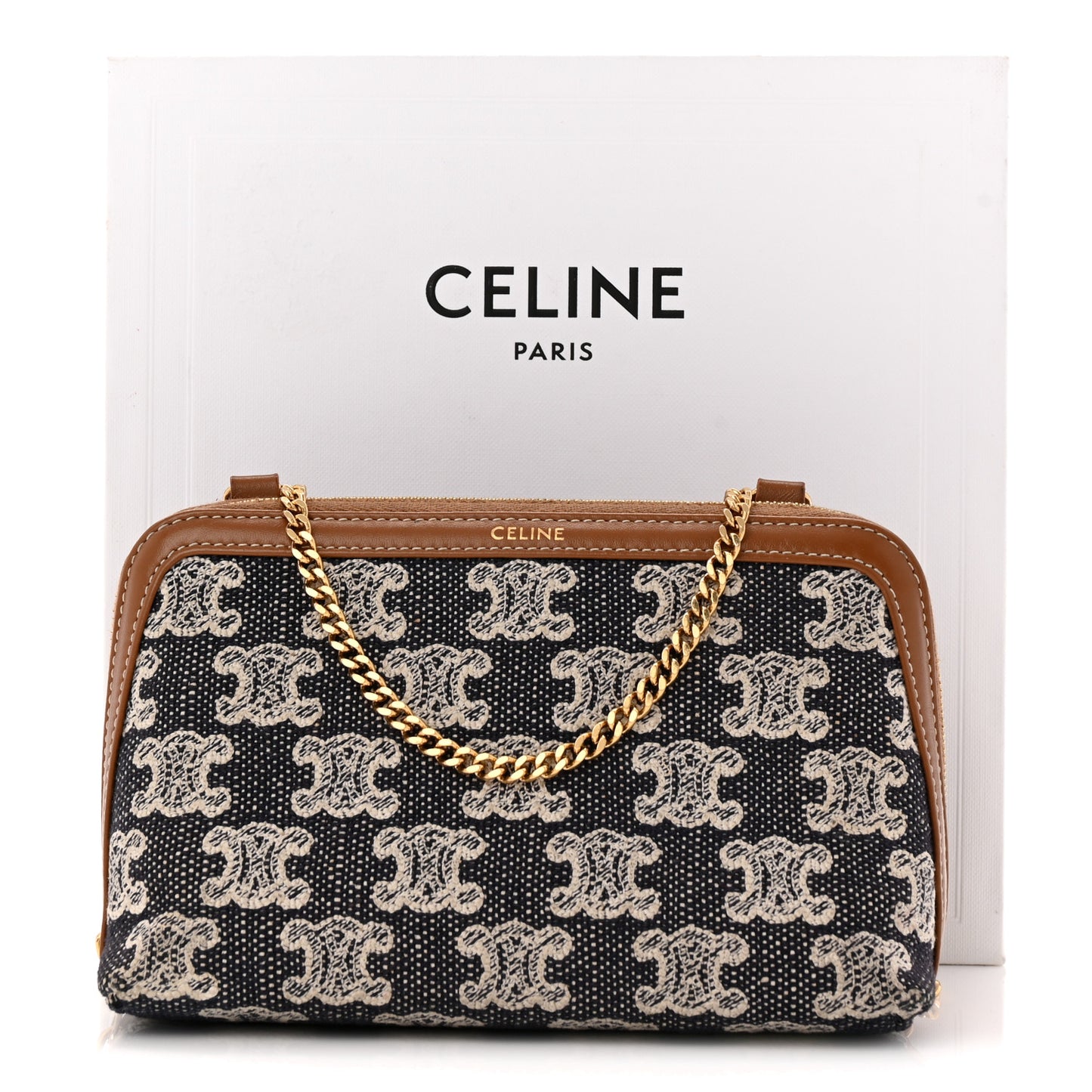 Canvas Calfskin Triomphe Embroidered Clutch On Chain Navy Blue