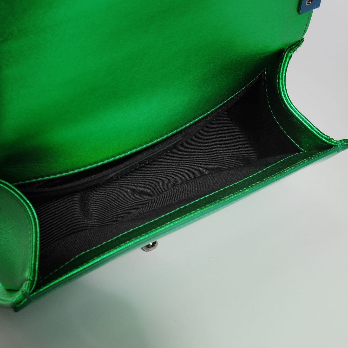 Metallic Patent Calfskin Quilted Small Boy Flap Green