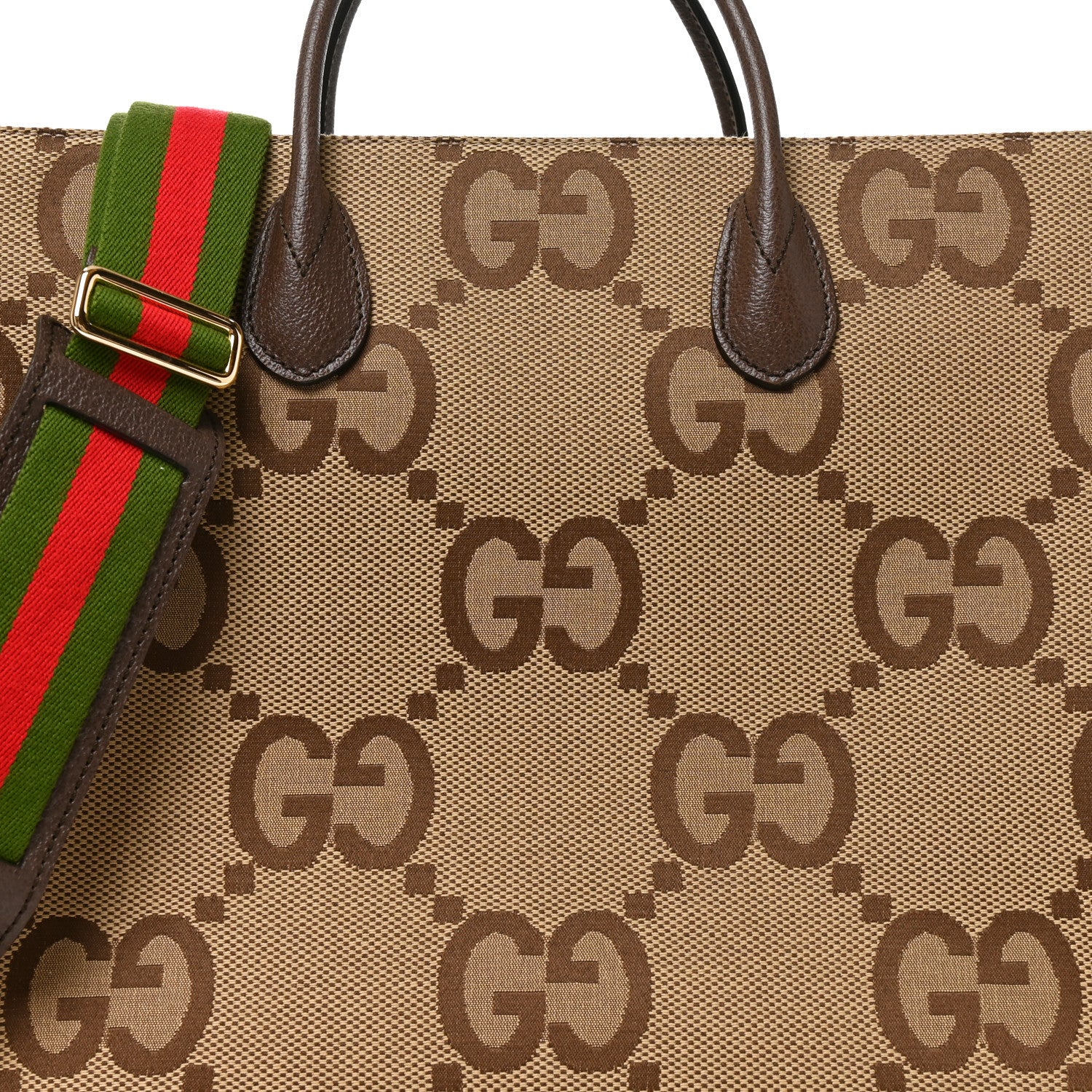 Gucci Monogram Jumbo GG Textured Dollar Calfskin Web Tote Bag Camel Ebony New Acero 8 of 10
