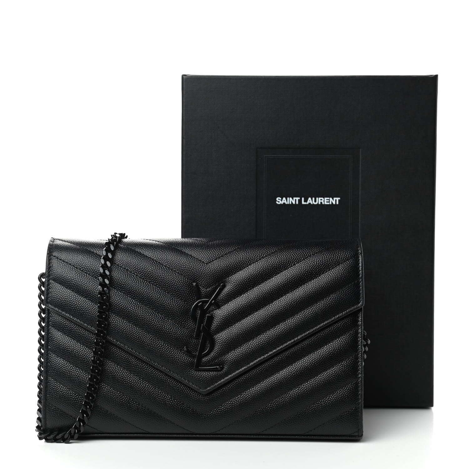 Saint Laurent Grain De Poudre Matelasse Chevron Monogram Chain Wallet Black 9 of 9