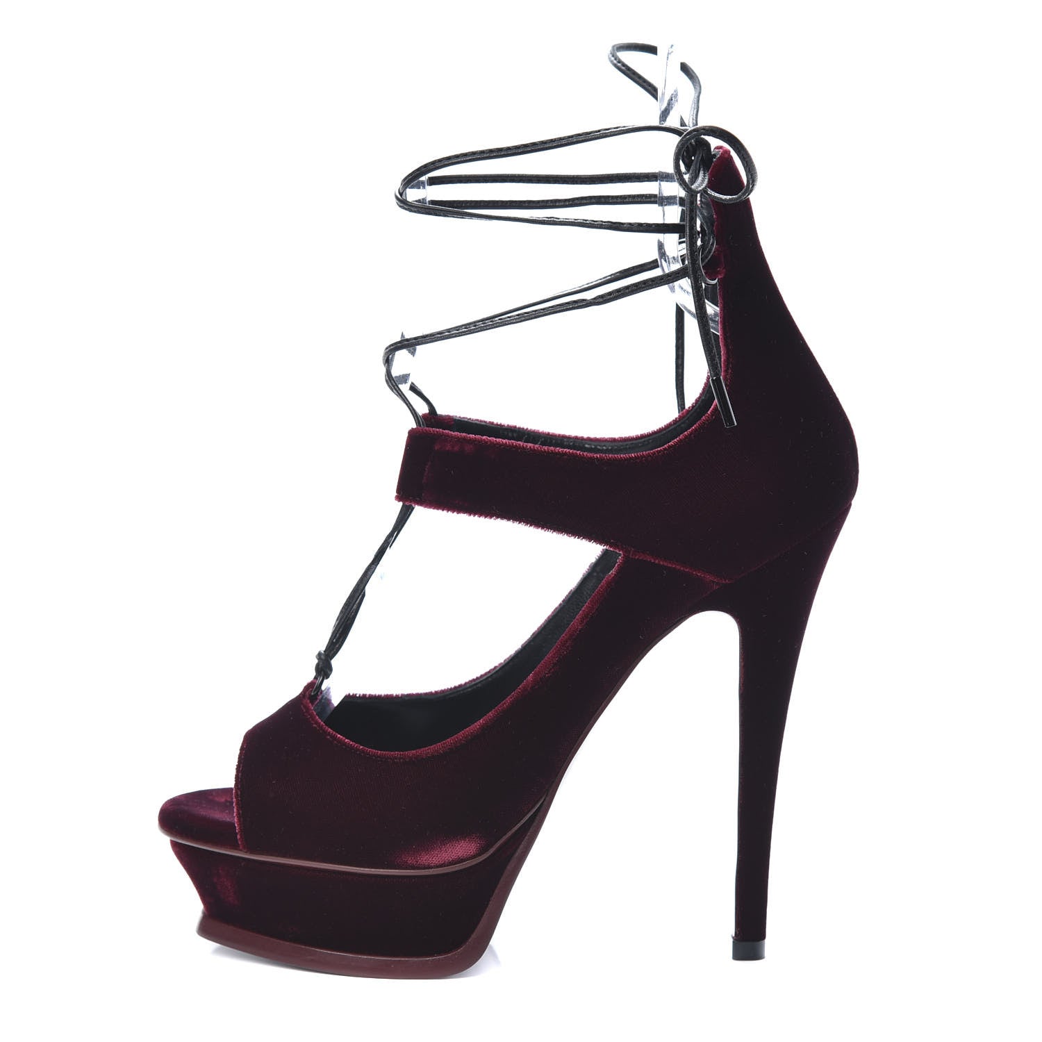 Saint Laurent Velluto Master Lace Up Tribute 105 Platform Sandals 38 Burgundy 1 of 11