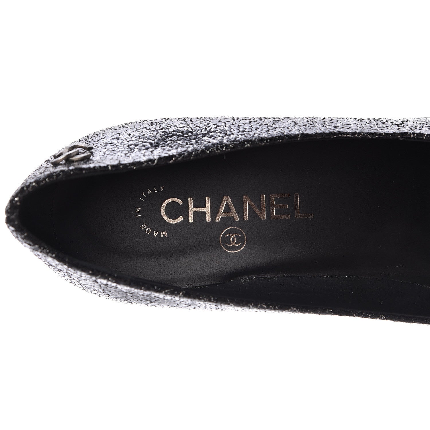 Chanel Metallic Crackled Calfskin Patent Cap Toe Pumps 40.5 Silver Black 6 of 10