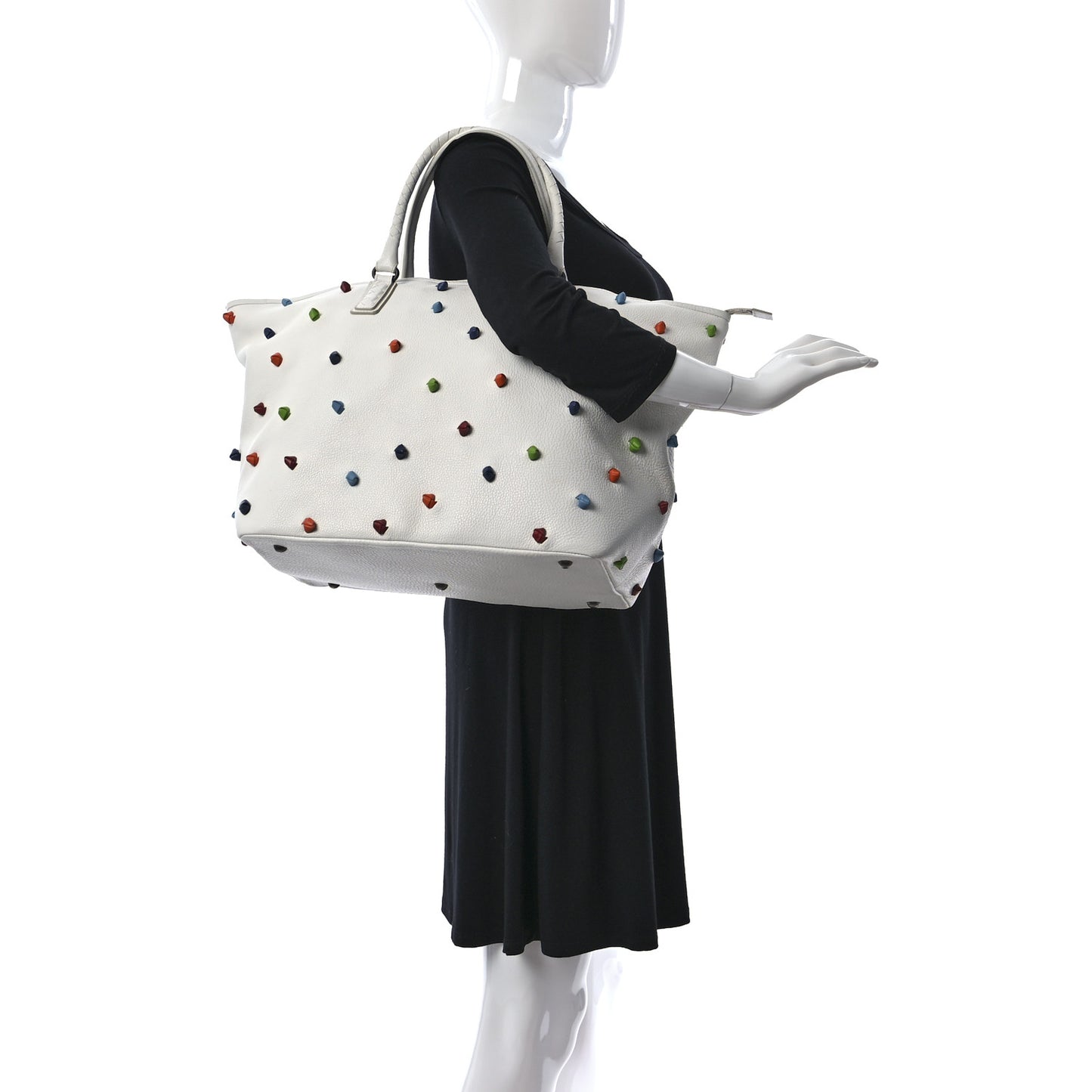 Grainy Calfskin Knot Detailed Polka Dot Tote White Multicolor